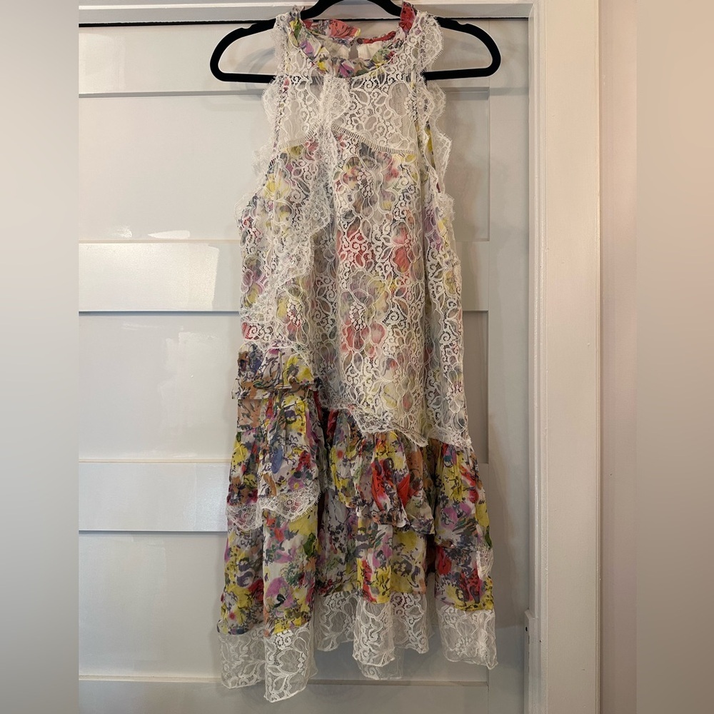 NWT By Anthropologie Lace-Back Tiered Mini Dress Floral Halter Lace Mini Size M